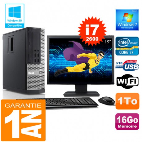 PC DELL 990 SFF Core I7-2600 Ram 16Go Disque 1 To Wifi W7 Ecran 19"