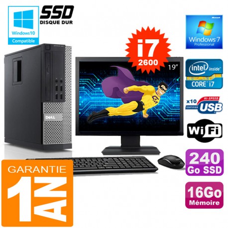 PC DELL 990 SFF Core I7-2600 Ram 16Go Disque 240 Go SSD Wifi W7 Ecran 19"