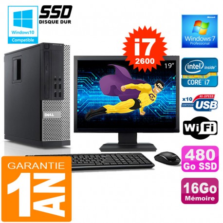 PC DELL 990 SFF Core I7-2600 Ram 16Go Disque 480 Go SSD Wifi W7 Ecran 19"