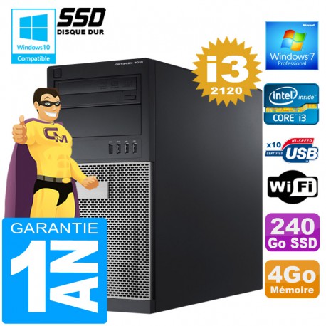 PC Tour DELL 7010 Core I3-2120 Ram 4Go Disque 240 Go SSD Wifi W7