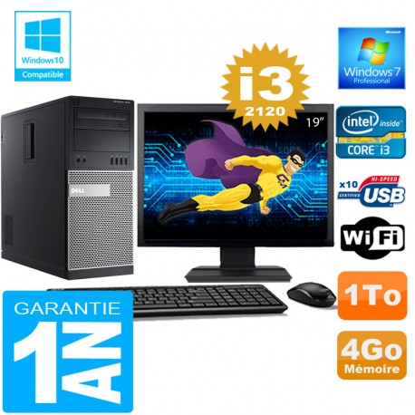 PC Tour DELL 7010 Core I3-2120 Ram 4Go Disque 1 To Wifi W7 Ecran 19"