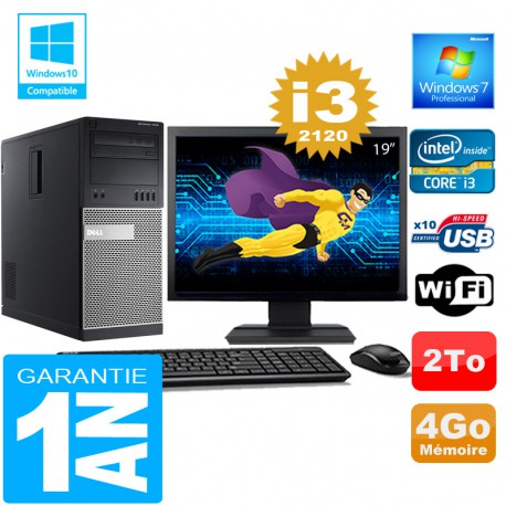 PC Tour DELL 7010 Core I3-2120 Ram 4Go Disque 2 To Wifi W7 Ecran 19"