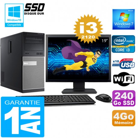 PC Tour DELL 7010 Core I3-2120 Ram 4Go Disque 240 Go SSD Wifi W7 Ecran 19"