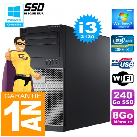 PC Tour DELL 7010 Core I3-2120 Ram 8Go Disque 240 Go SSD Wifi W7