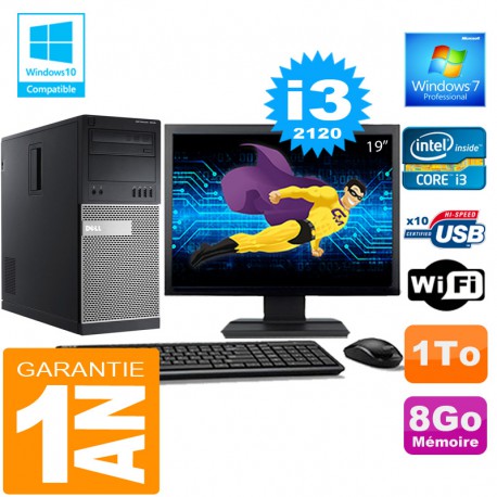 PC Tour DELL 7010 Core I3-2120 Ram 8Go Disque 1 To Wifi W7 Ecran 19"