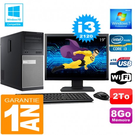 PC Tour DELL 7010 Core I3-2120 Ram 8Go Disque 2 To Wifi W7 Ecran 19"