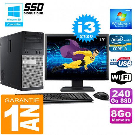 PC Tour DELL 7010 Core I3-2120 Ram 8Go Disque 240 Go SSD Wifi W7 Ecran 19"