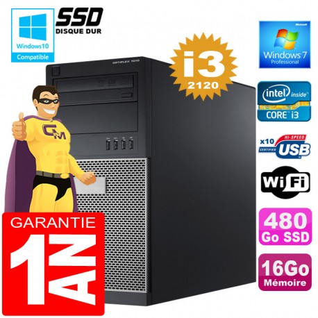 PC Tour DELL 7010 Core I3-2120 Ram 16Go Disque 480 Go SSD Wifi W7