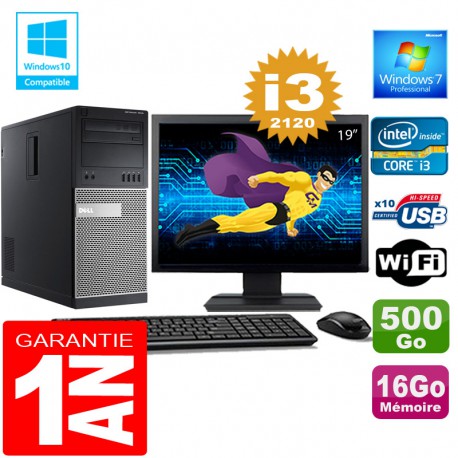 PC Tour DELL 7010 Core I3-2120 Ram 16Go Disque 500 Go Wifi W7 Ecran 19"