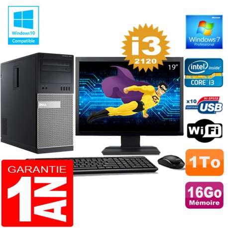 PC Tour DELL 7010 Core I3-2120 Ram 16Go Disque 1 To Wifi W7 Ecran 19"