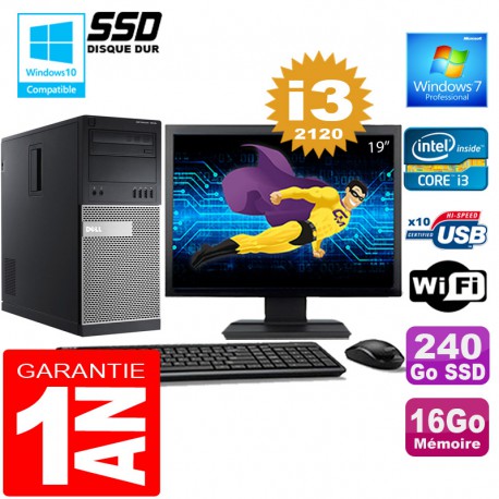 PC Tour DELL 7010 Core I3-2120 Ram 16Go Disque 240 Go SSD Wifi W7 Ecran 19"