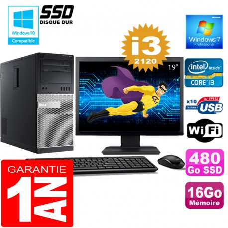 PC Tour DELL 7010 Core I3-2120 Ram 16Go Disque 480 Go SSD Wifi W7 Ecran 19"