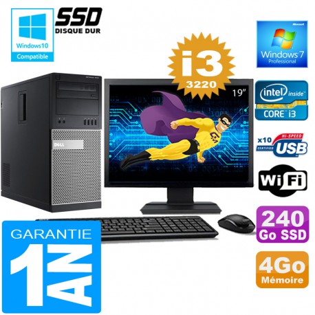 PC Tour DELL 7010 Core I3-3220 Ram 4Go Disque 240 Go SSD Wifi W7 Ecran 19"