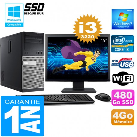 PC Tour DELL 7010 Core I3-3220 Ram 4Go Disque 480 Go SSD Wifi W7 Ecran 19"