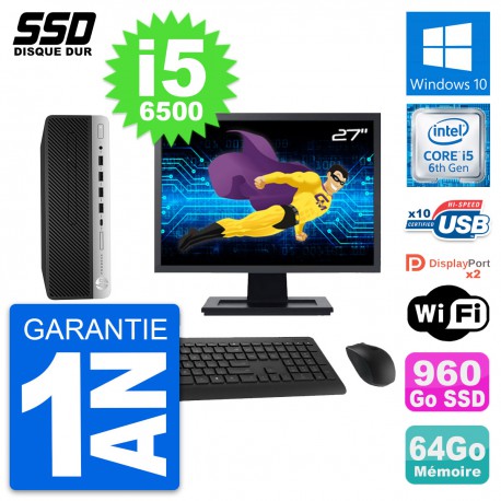 PC HP ProDesk 600 G3 SFF Ecran 27" i5-6500 RAM 64Go SSD 960Go Windows 10 Wifi