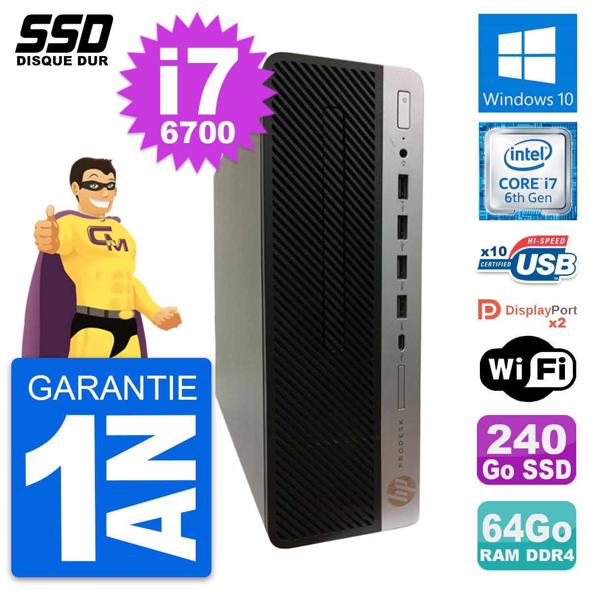 PC HP ProDesk 600 G3 SFF Intel Core i7-6700 RAM 64Go SSD 240Go