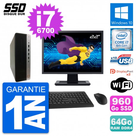 PC HP ProDesk 600 G3 SFF Ecran 22" i7-6700 RAM 64Go SSD 960Go Windows 10 Wifi