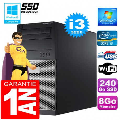 PC Tour DELL 7010 Core I3-3220 Ram 8Go Disque 240 Go SSD Graveur DVD Wifi W7