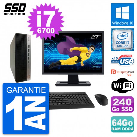 PC HP ProDesk 600 G3 SFF Ecran 27" i7-6700 RAM 64Go SSD 240Go Windows 10 Wifi