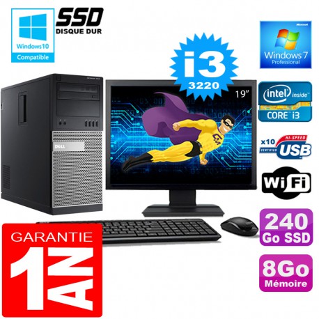 PC Tour DELL 7010 Core I3-3220 Ram 8Go Disque 240 Go SSD Wifi W7 Ecran 19"