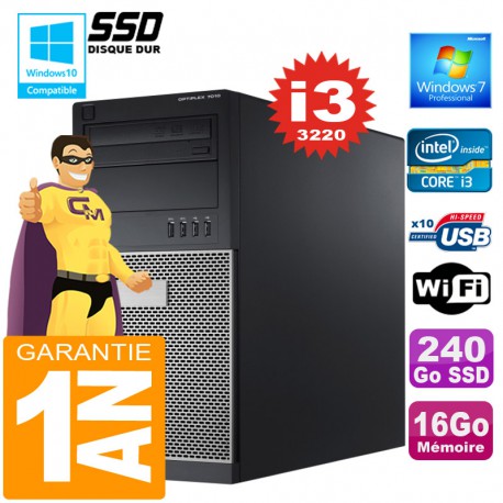 PC Tour DELL 7010 Core I3-3220 Ram 16Go Disque 240 Go SSD Graveur DVD Wifi W7