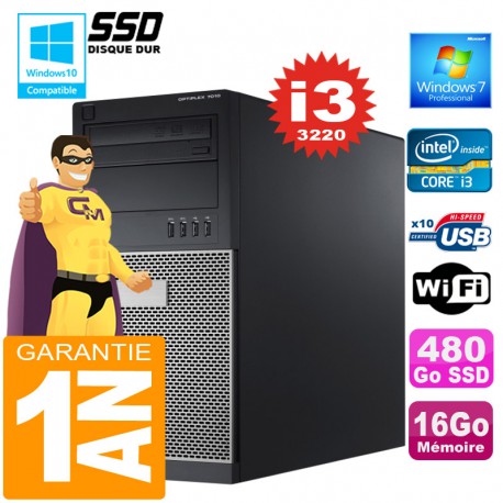 PC Tour DELL 7010 Core I3-3220 Ram 16Go Disque 480 Go SSD Graveur DVD Wifi W7