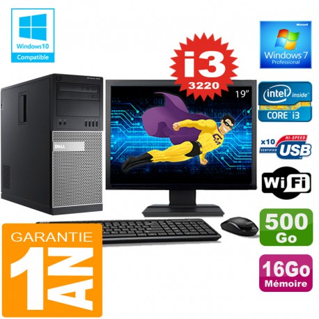 PC Tour DELL 7010 Core I3-3220 Ram 16Go Disque 500 Go Wifi W7 Ecran 19"