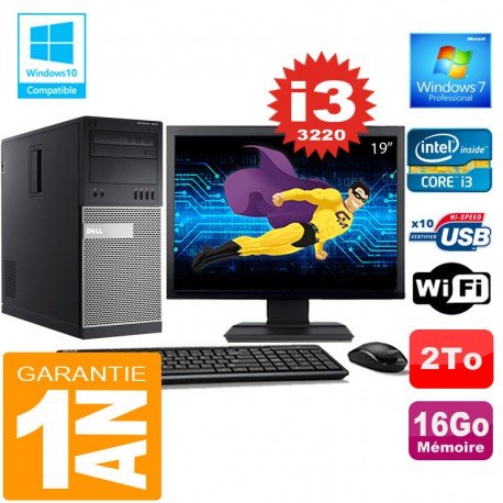 PC Tour DELL 7010 Core I3-3220 Ram 16Go Disque 2 To Wifi W7 Ecran 19"