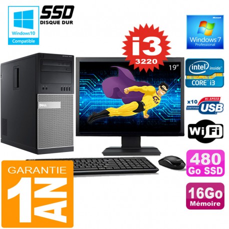 PC Tour DELL 7010 Core I3-3220 Ram 16Go Disque 480 Go SSD Wifi W7 Ecran 19"