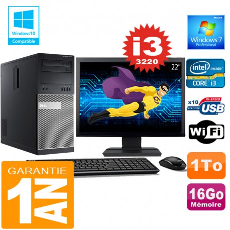 PC Tour DELL 7010 Core I3-3220 Ram 16Go Disque 1 To Wifi W7 Ecran 22"