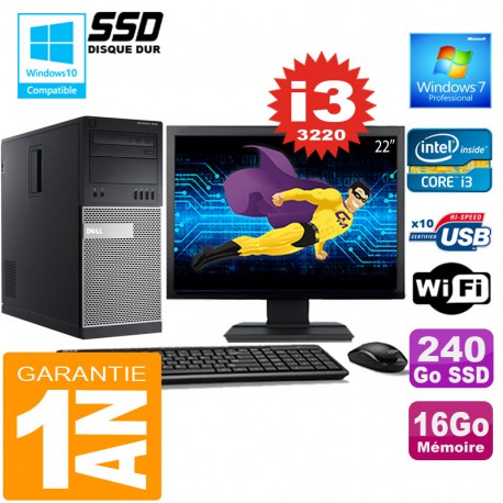 PC Tour DELL 7010 Core I3-3220 Ram 16Go Disque 240 Go SSD Wifi W7 Ecran 22"