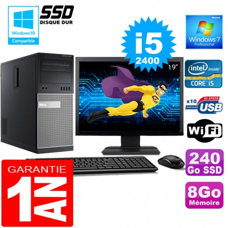 PC Tour DELL 7010 Core I5-2400 Ram 8Go Disque 240 Go SSD Wifi W7 Ecran 19"