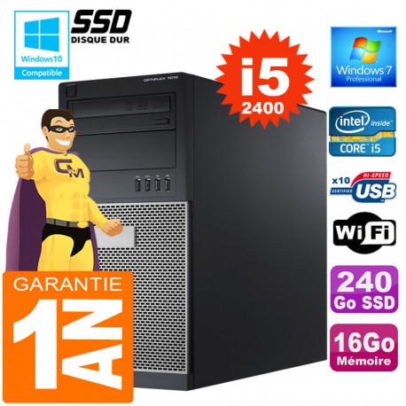 PC Tour DELL 7010 Core I5-2400 Ram 16Go Disque 240 Go SSD Graveur DVD Wifi W7