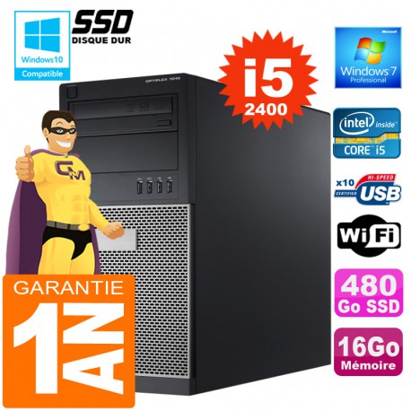 PC Tour DELL 7010 Core I5-2400 Ram 16Go Disque 480 Go SSD Graveur DVD Wifi W7