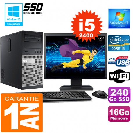 PC Tour DELL 7010 Core I5-2400 Ram 16Go Disque 240 Go SSD Wifi W7 Ecran 19"