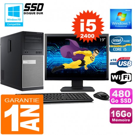 PC Tour DELL 7010 Core I5-2400 Ram 16Go Disque 480 Go SSD Wifi W7 Ecran 19"