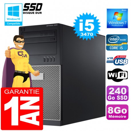 PC Tour DELL 7010 Core I5-3470 Ram 8Go Disque 240 Go SSD Graveur DVD Wifi W7