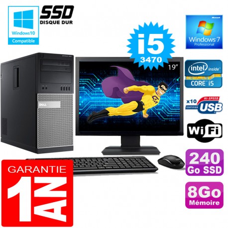 PC Tour DELL 7010 Core I5-3470 Ram 8Go Disque 240 Go SSD Wifi W7 Ecran 19"