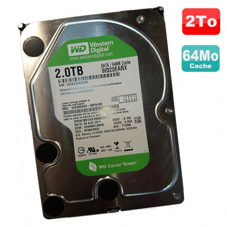 Disque Dur 2To SATA III 3.5" WD Caviar Green WD20EARX-00PASB0 7200RPM 64Mo