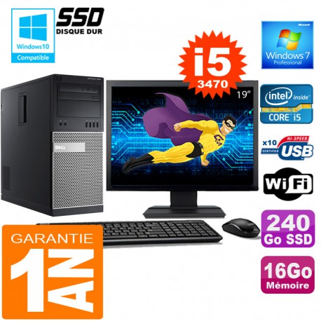 PC Tour DELL 7010 Core I5-3470 Ram 16Go Disque 240 Go SSD Wifi W7 Ecran 19"