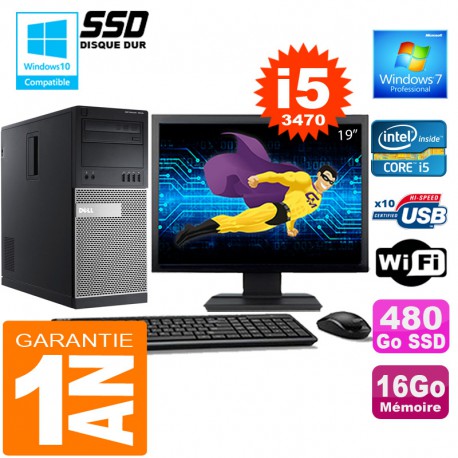 PC Tour DELL 7010 Core I5-3470 Ram 16Go Disque 480 Go SSD Wifi W7 Ecran 19"