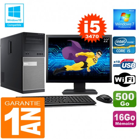 PC Tour DELL 7010 Core I5-3470 Ram 16Go Disque 500 Go Wifi W7 Ecran 22"