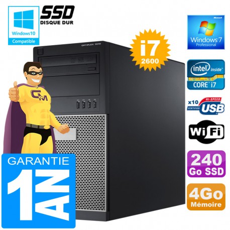 PC Tour DELL 7010 Core I7-2600 Ram 4Go Disque 240 Go SSD Graveur DVD Wifi W7