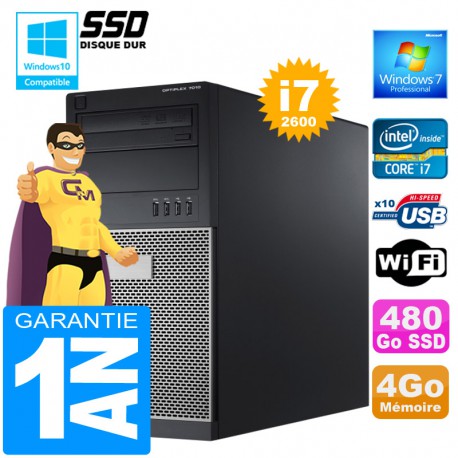 PC Tour DELL 7010 Core I7-2600 Ram 4Go Disque 480 Go SSD Graveur DVD Wifi W7