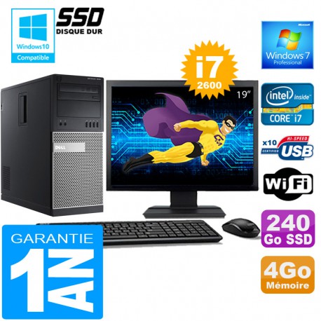 PC Tour DELL 7010 Core I7-2600 Ram 4Go Disque 240 Go SSD Wifi W7 Ecran 19"