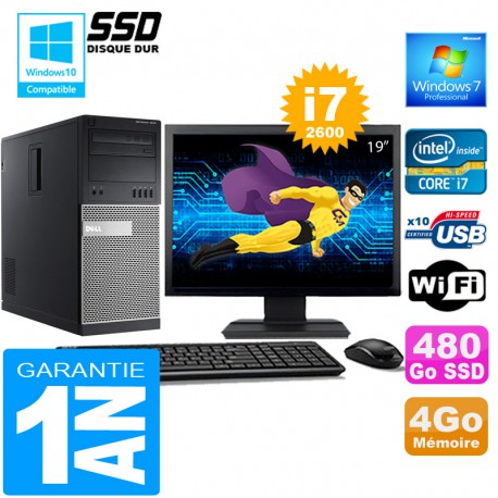 PC Tour DELL 7010 Core I7-2600 Ram 4Go Disque 480 Go SSD Wifi W7 Ecran 19"