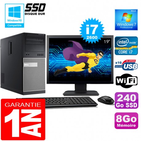 PC Tour DELL 7010 Core I7-2600 Ram 8Go Disque 240 Go SSD Wifi W7 Ecran 19"