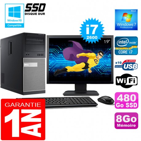 PC Tour DELL 7010 Core I7-2600 Ram 8Go Disque 480 Go SSD Wifi W7 Ecran 19"