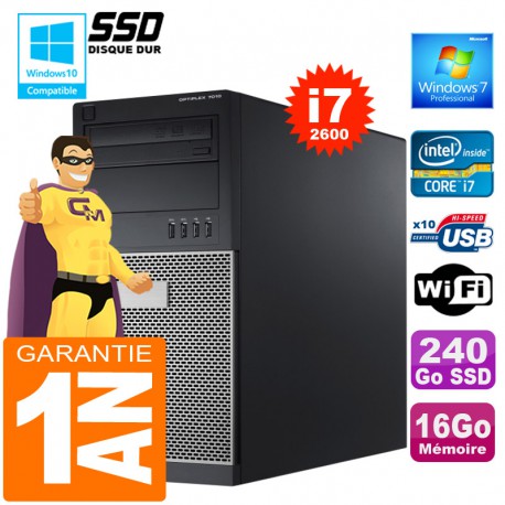 PC Tour DELL 7010 Core I7-2600 Ram 16Go Disque 240 Go SSD Graveur DVD Wifi W7