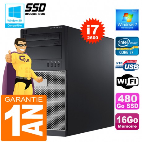 PC Tour DELL 7010 Core I7-2600 Ram 16Go Disque 480 Go SSD Graveur DVD Wifi W7